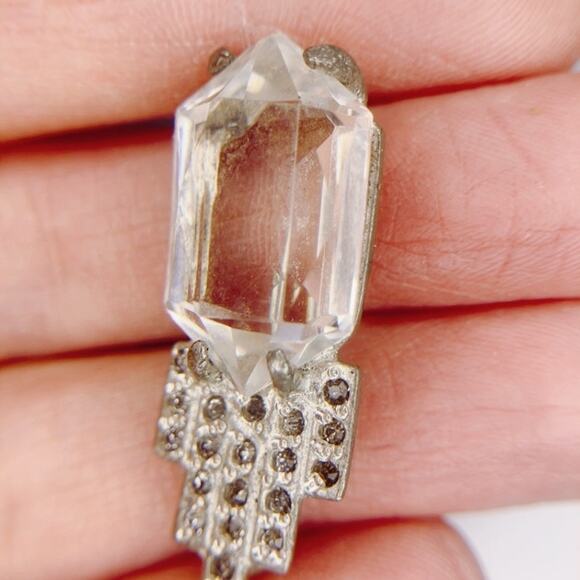 Antique Art Deco Paste Stone Brooch, Vintage 30s Glass Pin Pot Metal Geometric - Picture 6 of 6